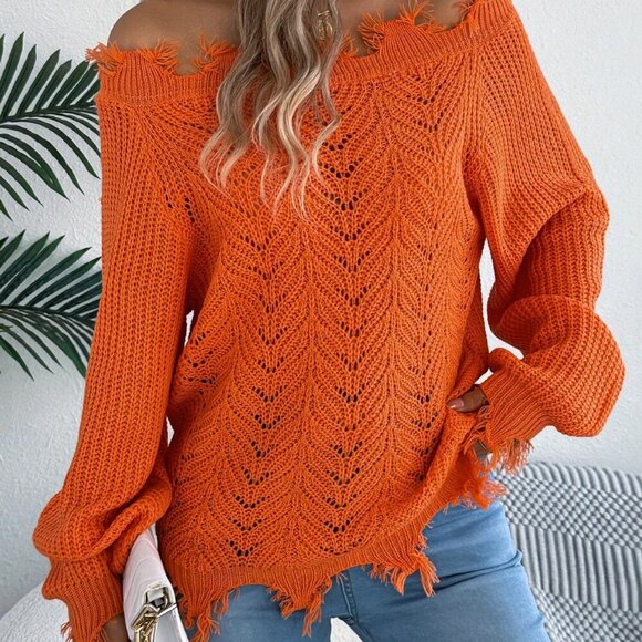 Orange Women's Off Shoulder Sweater Frayed Hem Detail Long Sleeve Pullover - Picture 6 of 8